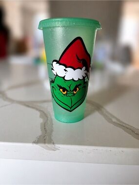 Starbucks Green Glitter Reusable Cup with Holiday Grinch Accent